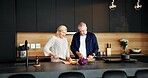 Couple, help and vegetables in home for cooking, meal prep and healthy food for vegan lunch. Mature people, cutting and knife in kitchen with organic ingredients, culinary skills and recipe for salad