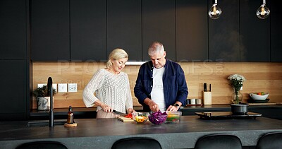 Buy stock photo Couple, help and vegetables in home for cooking, meal prep and healthy food for vegan lunch. Mature people, cutting and knife in kitchen with organic ingredients, culinary skills and recipe for salad