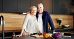 Portrait, couple and vegetables in home for cooking, meal prep and healthy food for vegan lunch. Smile, mature people and help at house with organic ingredients, culinary skills and recipe for salad