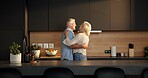 Smile, hug and old couple in home for support, comfort or bonding together in kitchen. Love, commitment and elderly man with woman for connection with marriage, anniversary and embrace in apartment