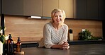 Portrait, smile and mature woman in kitchen with calm, positive attitude and wellness at apartment. Home, peace or happy person on counter in morning on weekend with staycation in Switzerland