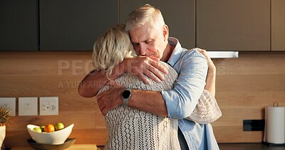 Buy stock photo Love, hug and elderly couple in home for support, comfort or bonding together in kitchen. Smile, commitment and senior people for connection with marriage, anniversary and embrace in apartment
