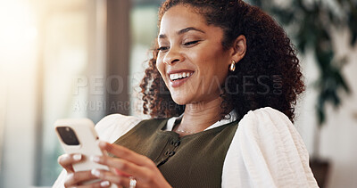 Buy stock photo Smile, phone and reading with woman on sofa for social media, online update and communication. Relax, digital tech and person in living room of home with ebook, app download or web subscription