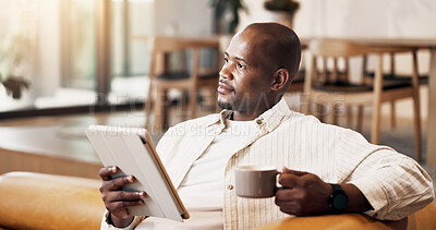 Buy stock photo Coffee break, tablet and thinking with black man on sofa for social media, online update and communication. Relax, digital tech and happy person in living room of home with ebook, app or subscription