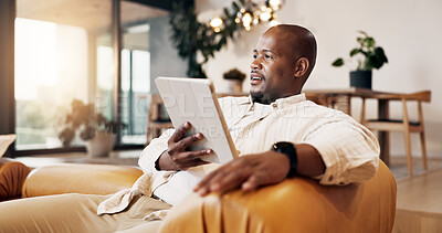 Buy stock photo Relax, tablet and thinking with black man on sofa for social media, online update and communication. Connection, digital tech and happy person in living room of home with ebook, app or subscription