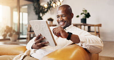 Buy stock photo Relax, tablet and reading with black man on sofa for social media, online update and communication. Connection, digital tech and happy person in living room of home with ebook, app or subscription