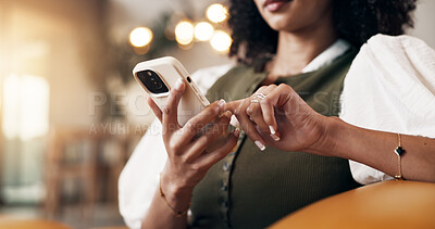 Buy stock photo Relax, phone and hands with woman on sofa for social media, online update and communication. Reading, digital tech and person in living room of home with ebook, app download or web subscription