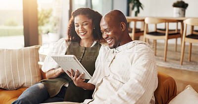 Buy stock photo Couple, relax and watching video on sofa with tablet, bonding together and laugh for comedy movie. Married, African people and tech in home with streaming service, funny show and happy relationship.