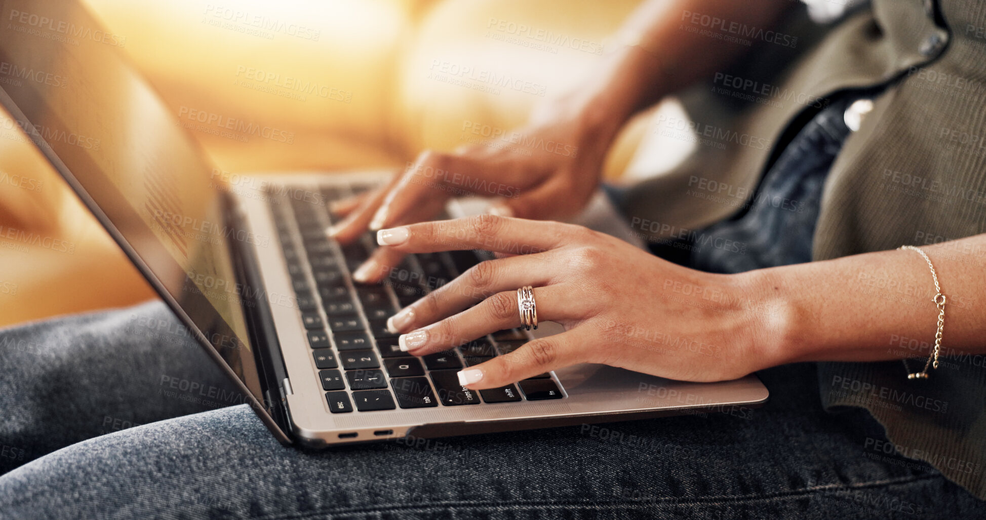 Buy stock photo Hands, woman and remote work in home with laptop, research and data analysis for accounting. Person, typing or freelancer at house with pc screen, graphs analytics and statistics for financial growth
