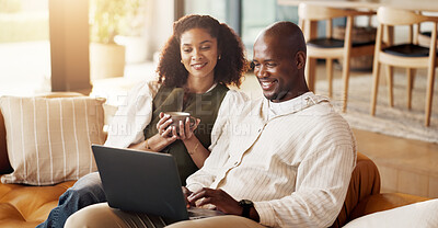 Buy stock photo Couple, planning and coffee in home with laptop, research together and website for booking holiday. Married, African people and typing on sofa with computer, beverage or purchase flight ticket online