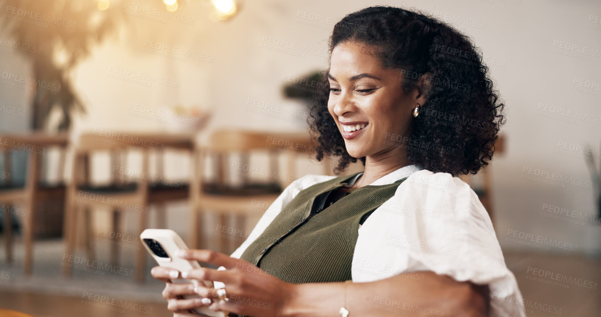 Buy stock photo Relax, phone and smile with African woman on sofa for social media, online update and communication. Reading, tech and person in living room of home with ebook, app download or web subscription