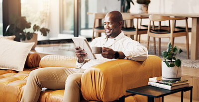 Buy stock photo Coffee break, tablet and reading with black man on sofa for social media, online update and communication. Relax, digital tech and happy person in living room of home with ebook, app or subscription