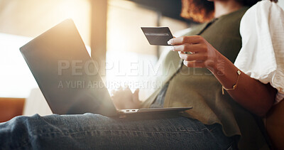 Buy stock photo Hands, woman or laptop with credit card for online shopping, payment or banking on sofa in home. Female person, user or mobile shopper with debit or computer for ecommerce or remote purchase in house