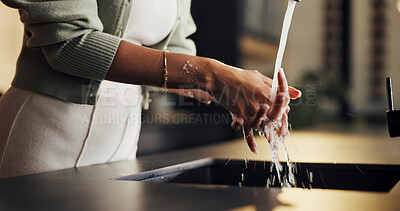 Buy stock photo Hygiene, faucet and woman washing hands in kitchen for healthcare, wellness or disinfectant. Water splash, sink and person cleaning skin for prevention of bacteria, remove dirt or germs in home