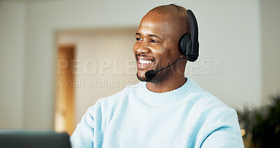 Buy stock photo Consultant, home and black man with headset for online communication, remote work or helpful advice. Friendly, male person or freelance agent with smile, mic or laptop for virtual assistance in house