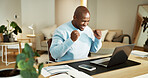 Happy, winning and black man with laptop in home for remote work, promotion or salary bonus. Excited, male person or freelancer with fist pump or smile for business success or good news in house