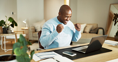 Buy stock photo Happy, winning and black man with laptop in home for remote work, promotion or salary bonus. Excited, male person or freelancer with fist pump or smile for business success or good news in house