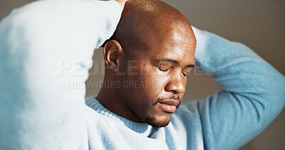 Buy stock photo Fail, mistake and regret with black man in home for reaction to bad news, loss or pressure. Eyes closed, headache or worry and person with depression  in apartment for contemplation or sadness