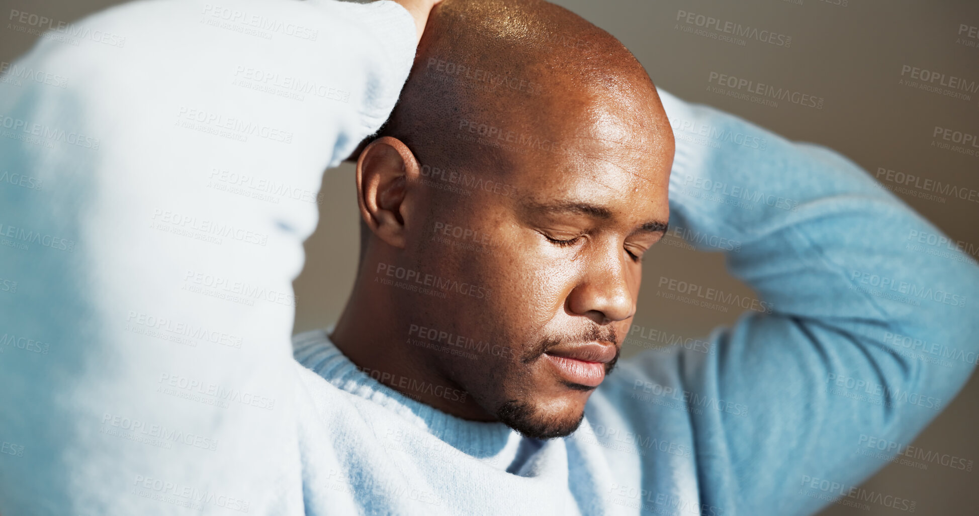 Buy stock photo Fail, mistake and regret with black man in home for reaction to bad news, loss or pressure. Eyes closed, headache or worry and person with depression  in apartment for contemplation or sadness