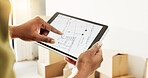 Blueprint, hands and tablet screen in new house for renovation, planning or property revamping. Person, tech display and floorplan in apartment for architecture layout, real estate design and project