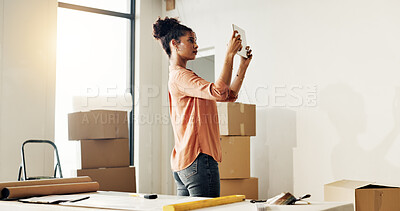 Buy stock photo Woman, tablet and planning in new home for remodeling, interior design and online inspiration. Person, tech and AI app for visualization, renovation or space with photography for interactive software