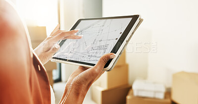 Buy stock photo Blueprint, hands and tablet screen in new home for renovation, planning and property revamping. Person, tech display and floorplan in apartment for architecture layout, real estate design and project