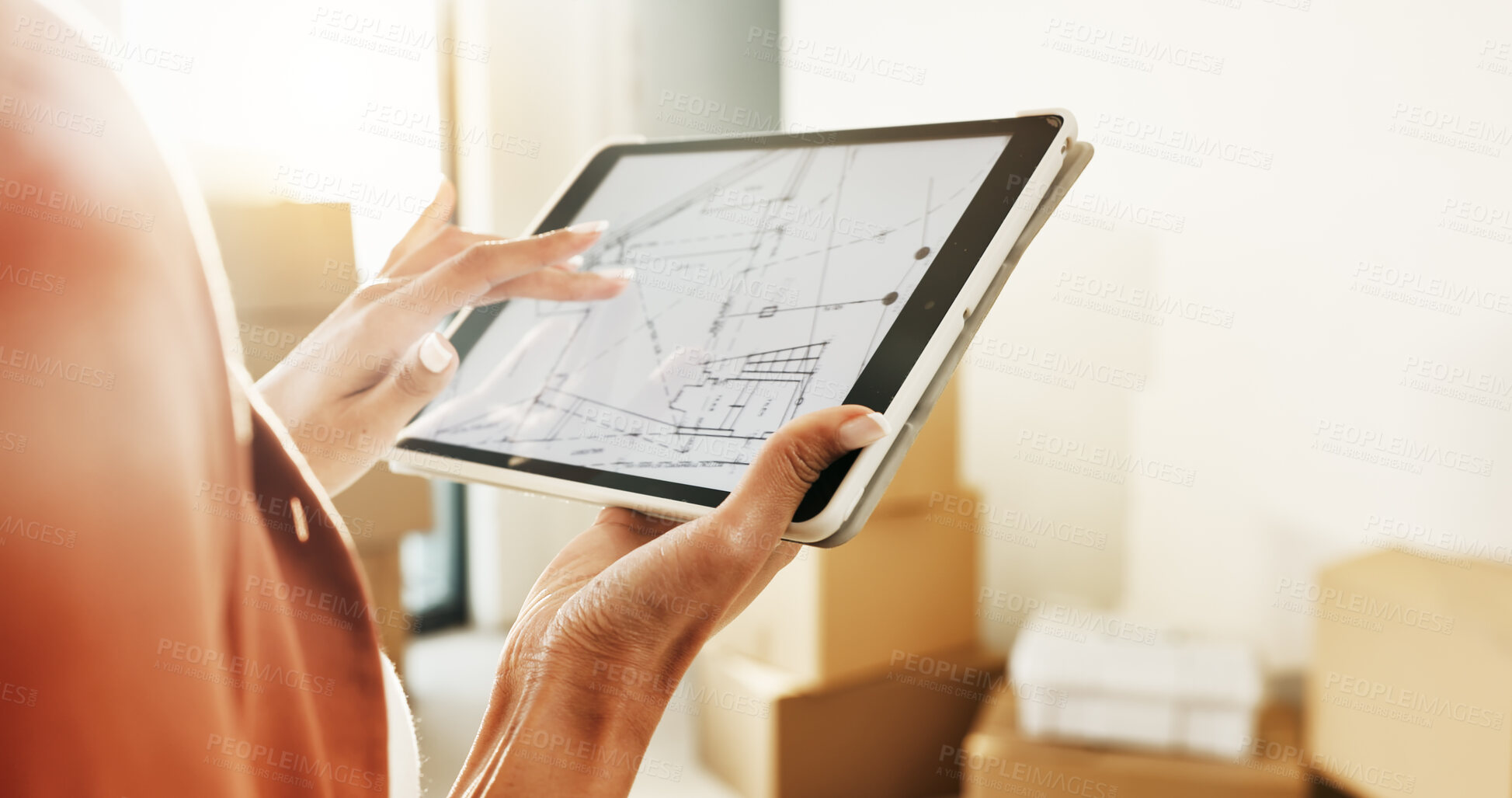 Buy stock photo Blueprint, hands and tablet screen in new home for renovation, planning and property revamping. Person, tech display and floorplan in apartment for architecture layout, real estate design and project