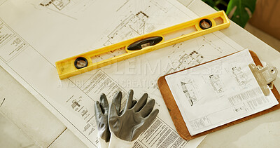 Buy stock photo Above, document and table with blueprint for architecture, planning and sketch of building design. Tool, clipboard and gloves with paperwork for construction, floor plan and drawing layout of project