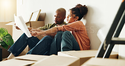 Buy stock photo Boxes, floor plan and tablet with couple in new home together for diy project or renovation. Blueprint, conversation and interior design with homeowner people on ground for development or improvement