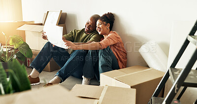 Buy stock photo Boxes, floor plan and interior design with couple in new house together for diy project or renovation. Blueprint, conversation and planning with homeowner people in apartment for home improvement