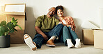Portrait, couple and moving in new home with boxes, property investment or smile for mortgage loan. Married, African people relax or bonding together in dream house with real estate, support or love.