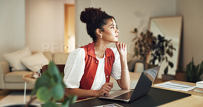 Buy stock photo Laptop, remote work and thinking with business woman in home for planning, report or research. Computer, inspiration and vision with freelance employee in apartment for startup career as entrepreneur