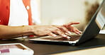 Hands, laptop and remote work with business woman in home for planning, report or research. Computer, schedule and typing with freelance employee in apartment for startup career as entrepreneur