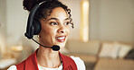 Smile, headset and woman in home for remote work feedback, financial advice or account support. Customer service, happy freelancer and person with mic for loan inquiry, help or banking assistance