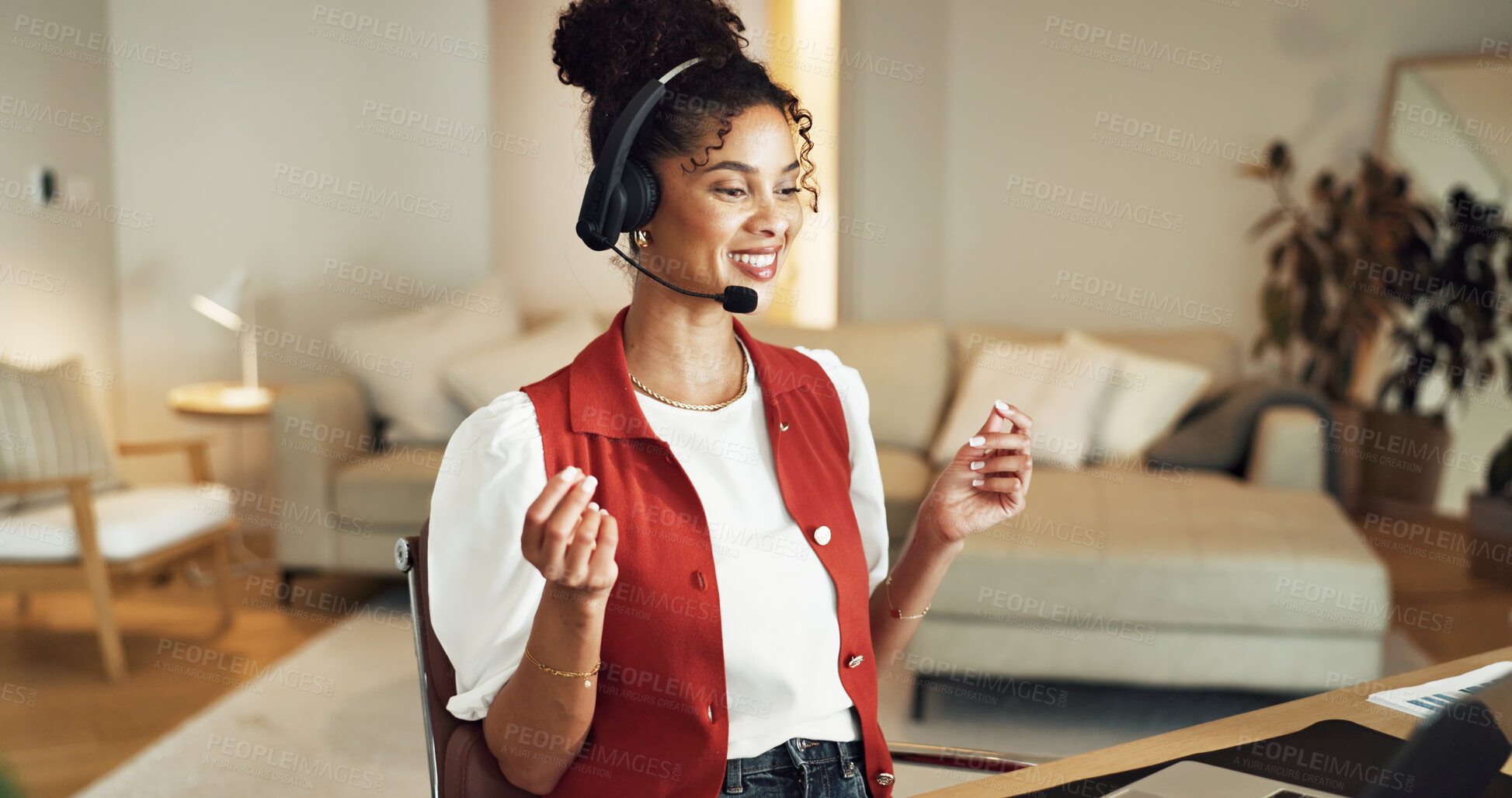 Buy stock photo Laptop, headset or woman in home for remote work solution, financial advice or account support. Customer service, happy freelancer or person with computer for loan inquiry, help or banking assistance
