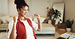 Businesswoman, laptop or winner with fist pump for winning, smile or promotion bonus in home office. Happy woman, trader or cheering with prize, goal target or good news in remote work and profit