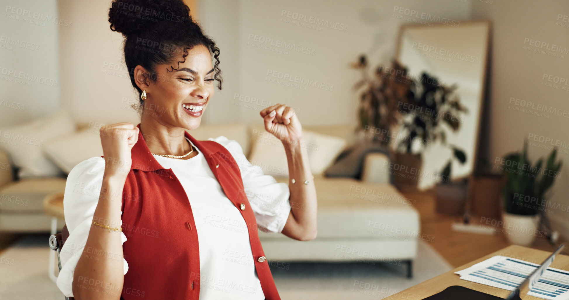 Buy stock photo Businesswoman, laptop or winner with fist pump for winning, smile or promotion bonus in home office. Happy woman, trader or cheering with prize, goal target or good news in remote work and profit
