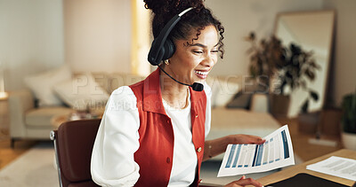 Buy stock photo Laptop, headset or woman with paperwork for remote work, financial advice or account support at home. Document, happy freelancer or person with computer for loan inquiry, help or banking assistance