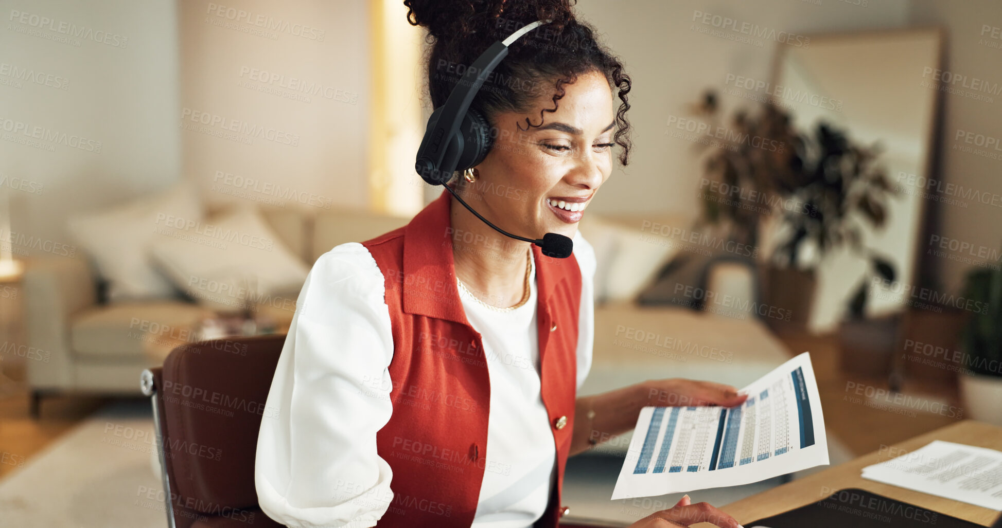 Buy stock photo Laptop, headset or woman with paperwork for remote work, financial advice or account support at home. Document, happy freelancer or person with computer for loan inquiry, help or banking assistance