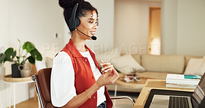 Buy stock photo Freelancer, headset and woman in home office with laptop, financial advice or account support. Customer service, remote work or happy person with computer for loan inquiry, help or banking assistance