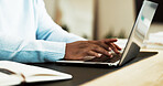Hands, laptop and remote work with person at desk in home office for planning or research. Computer, report and typing with freelance employee in apartment for email feedback, review or schedule