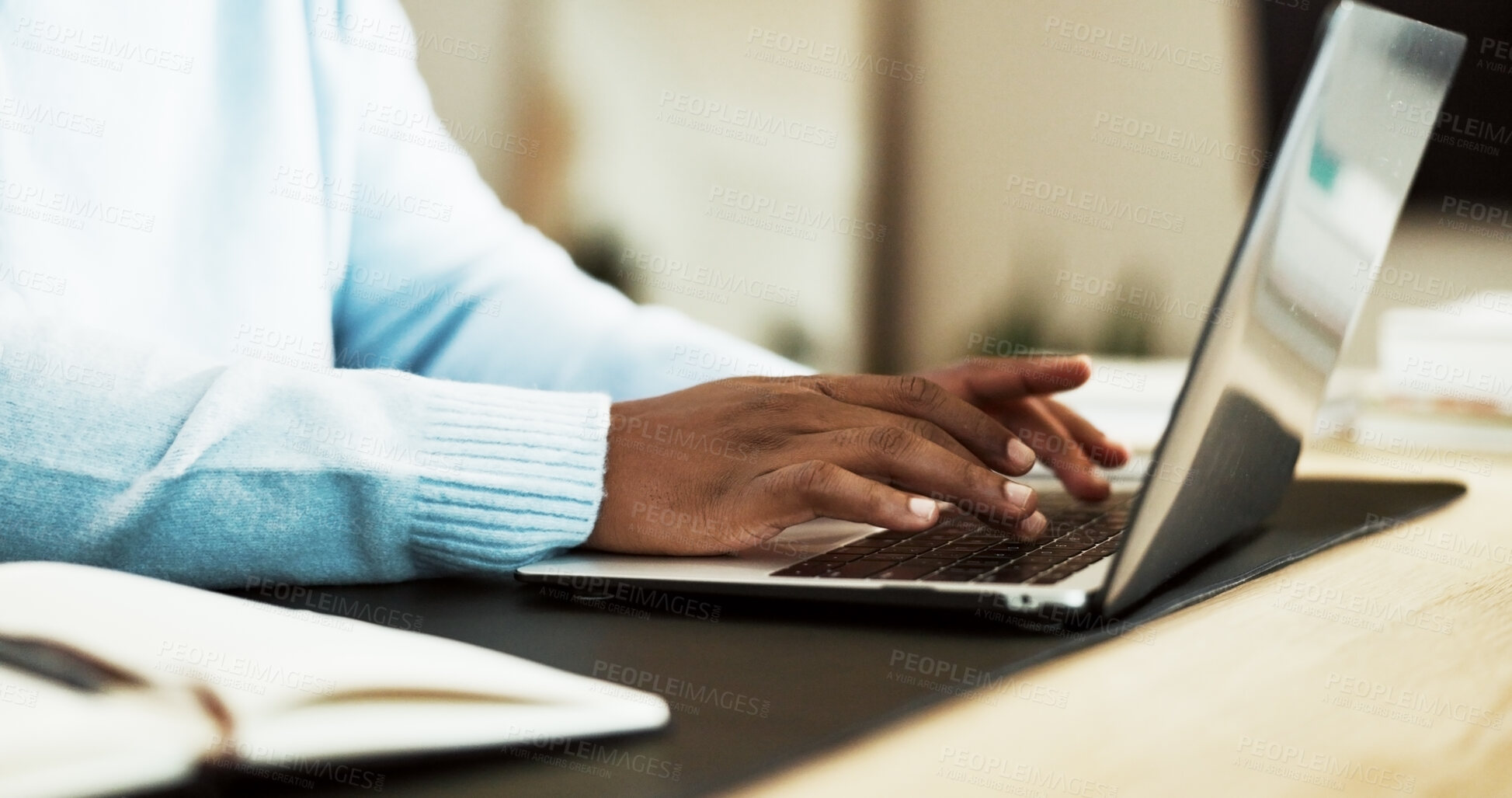Buy stock photo Hands, laptop and remote work with person at desk in home office for planning or research. Computer, report and typing with freelance employee in apartment for email feedback, review or schedule