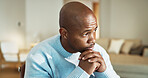 Business, remote work and thinking with black man in home for inspiration, solution or vision. Future, ideas and reflection with freelance employee in apartment for contemplation as entrepreneur