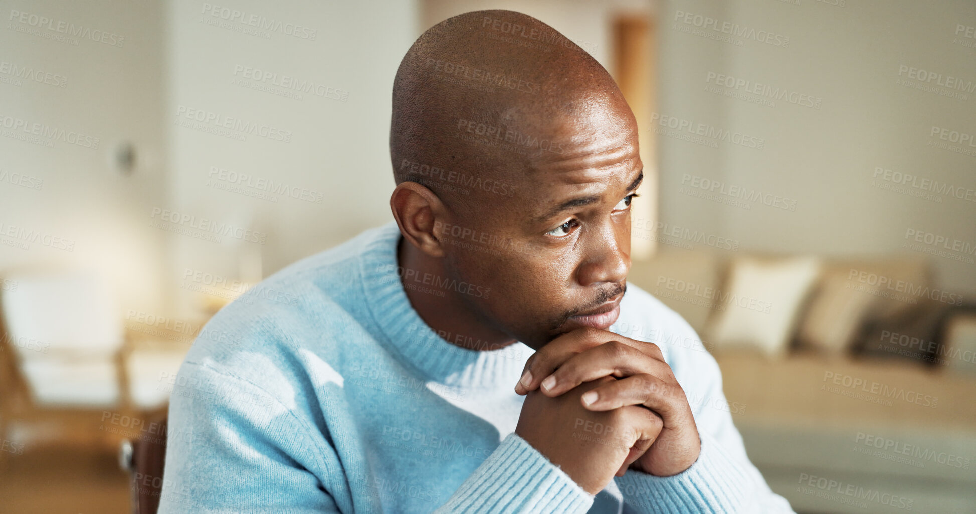 Buy stock photo Business, remote work and thinking with black man in home for inspiration, solution or vision. Future, ideas and reflection with freelance employee in apartment for contemplation as entrepreneur