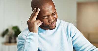 Buy stock photo Business, headache and remote work with black man in home for mental fatigue or stress. Migraine, pressure and tension with freelance employee in apartment for anxiety, burnout or deadline fail