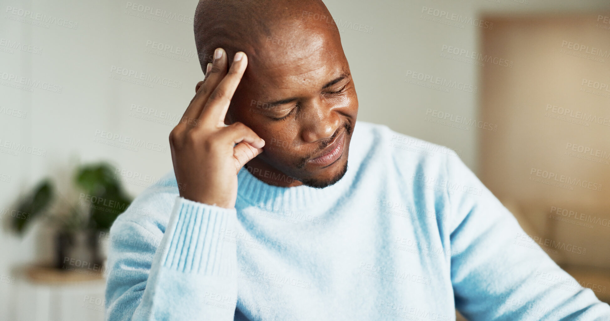 Buy stock photo Business, headache and remote work with black man in home for mental fatigue or stress. Migraine, pressure and tension with freelance employee in apartment for anxiety, burnout or deadline fail