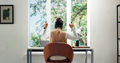 Buy stock photo Fist pump, back and woman in home with bonus, reward or good news for job promotion online. Happy, headphones and female designer with email feedback on approval for creative project with remote work