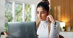 Reading, laptop and woman in home for remote work, copywriting or seo review for website content. Online, freelancer and person on computer for research, internet and typing for kpi analysis in house