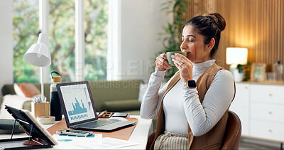 Buy stock photo Laptop, coffee and businesswoman in home with freelance finance report for budget plan with statistics. Computer, cappuccino and financial manager with graphs for investment proposal with remote work