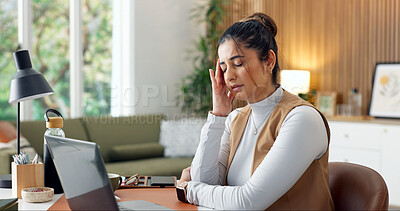 Buy stock photo Headache, stress and businesswoman in home with laptop for legal research with freelance career. Remote work, migraine and female paralegal with brain fog for law case on computer in apartment.